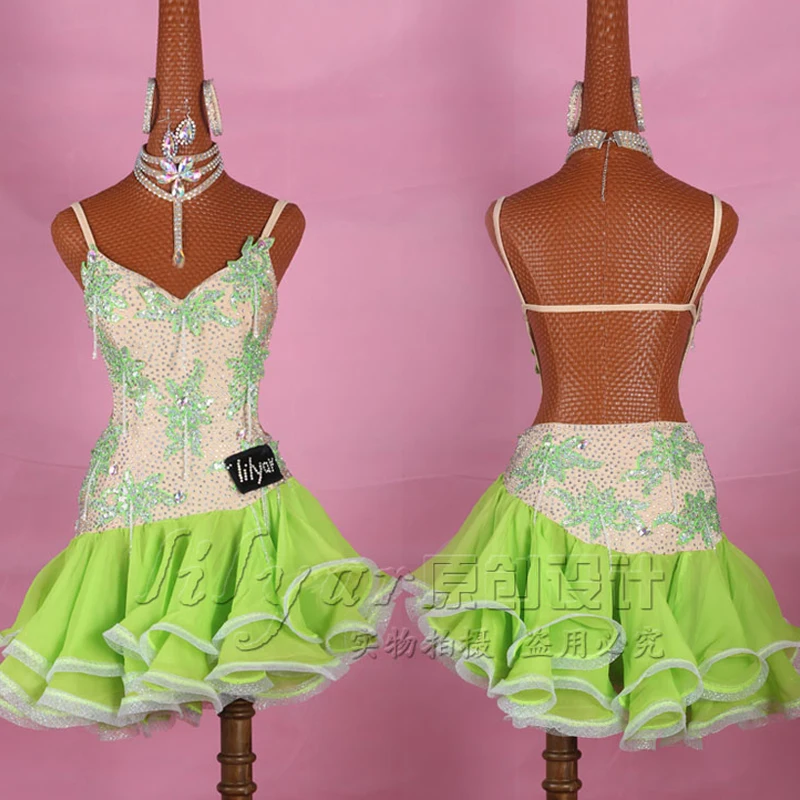 

New Latin Dance Dress For Adult/Childen Women/Girls Green Lace Dance Skirt Stage Dance Costume Competition Latin Dresses VDB144