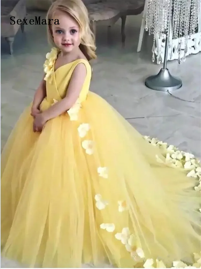 Yellow Flower Girls Dresses For Weddings V Neck Satin Tulle Ball Gown Children Christmas Dress Birthday Party | Детская одежда и