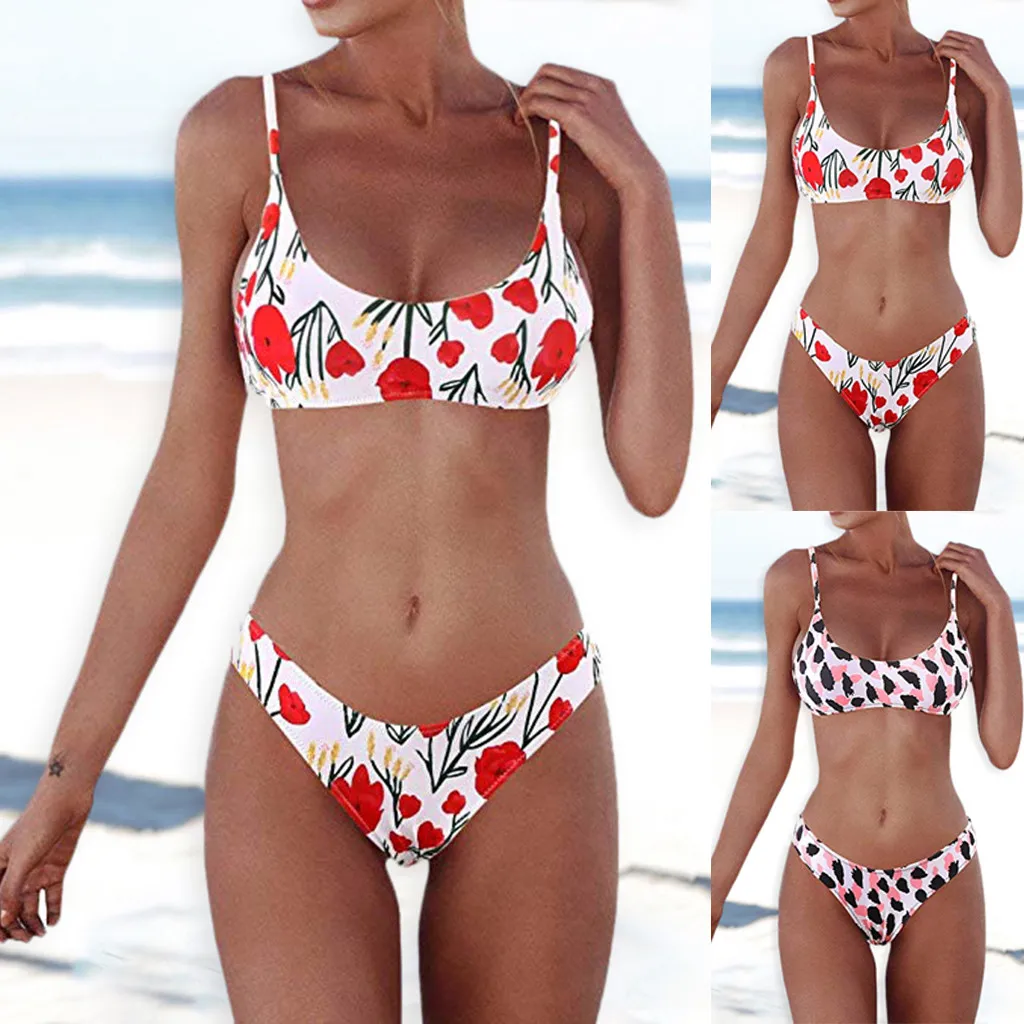 2019 Для женщин бандо Бикини бандаж бикини набор пуш-ап с принтом листьев