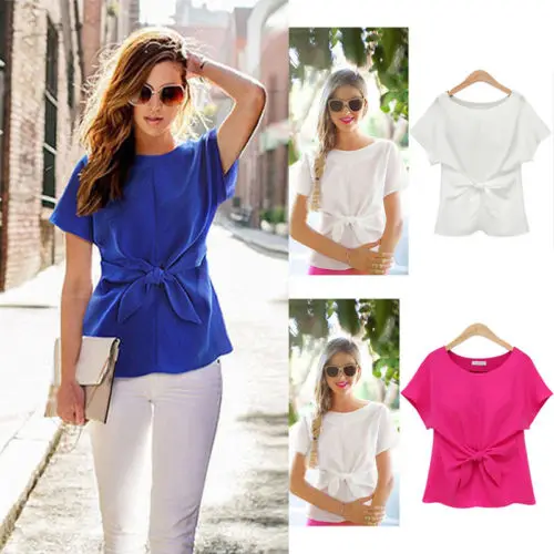 Женская летняя футболка с коротким рукавом шифоновая Повседневная бантом |