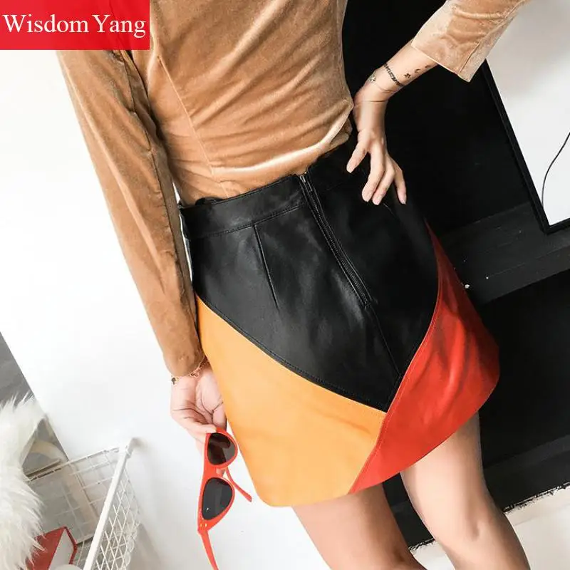 Autumn Patchwork Real Sheepskin Genuine Leather Skirts Womens High Waisted Mini Club Sexy Party Ladies Aline Wrap Skirts