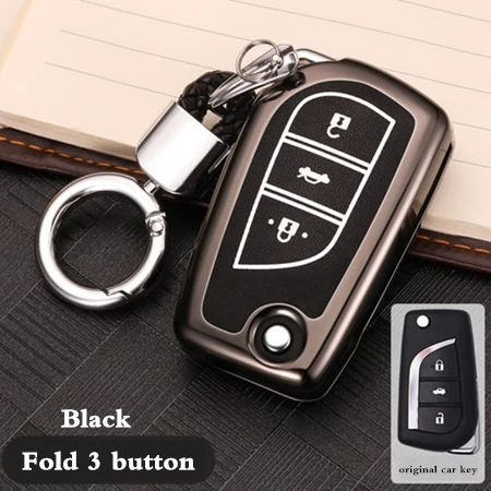 Fold 3 button black Чехол для ключей для Toyota CHR Auris Corolla Camry Prado Fortuner RAV4 Avensis Verso Yaris Aygo Scion TC IM Hilux - Название цвета: Fold 3 button black