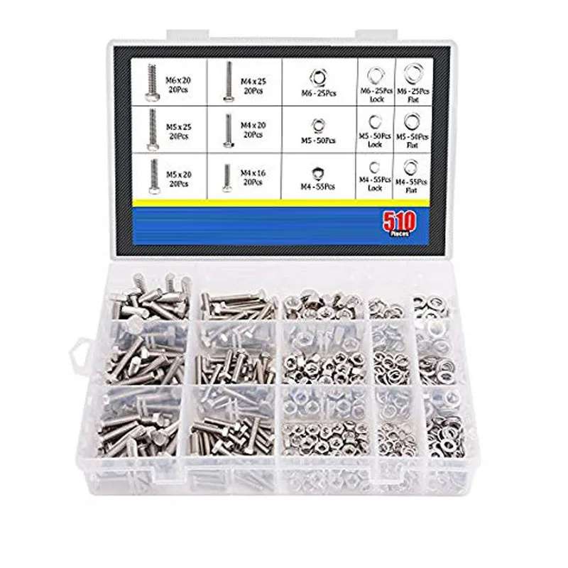 510 Pieces Flat Hex Stainless Steel Screws Bolts nuts Lock and Gasket Washers Assortment Kit flat lock 304 stainless | Обустройство