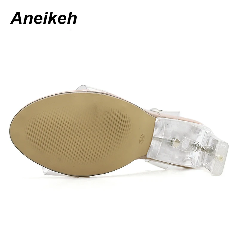 Aneikeh/ г., женские босоножки Высокий каблук из плексигласа, ремешок на щиколотке, высокий каблук из ПВХ, прозрачный кристалл, Классическая обувь высокого качества с пряжкой на ремешке