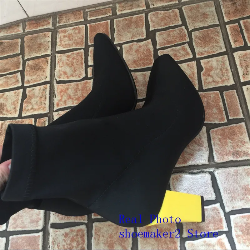 2019 г. Черный тянущийся носок сапоги женская обувь с квадратным носком желтый