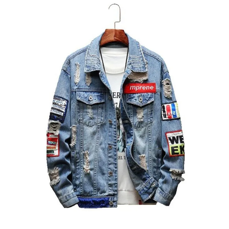 Blue Hi-Street мужские рваные джинсы с лентой куртки вымытые потертые деним человек Джастин Бибер Slim Fit уличная хип-хоп винтажная куртка - Цвет: Blue