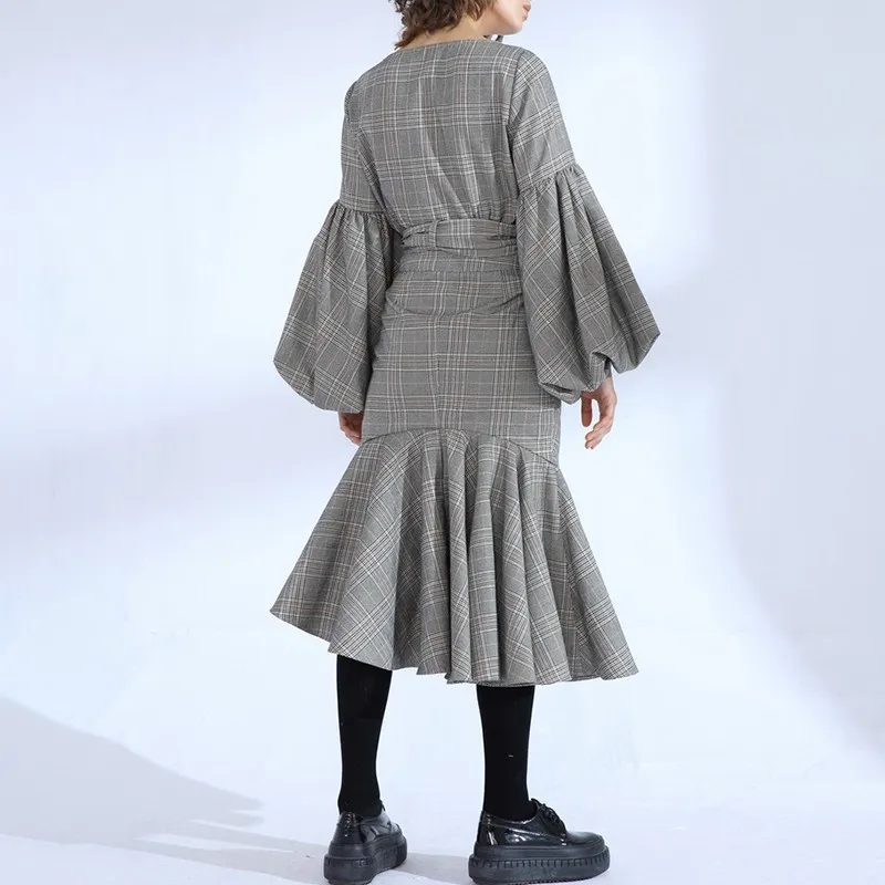 To Gladself Plaid Two Piece Sets Women Lantern Sleeve Blouse Tops Female Lace Up High Waist Ruffle Midi Skirt Suits 2018 Autumn | Женская