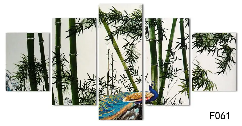 Unframed 5 Panels Bamboo And Peacock Modern Wall Painting Green Art Landscape Pictures Large HD Artwork Photos | Дом и сад