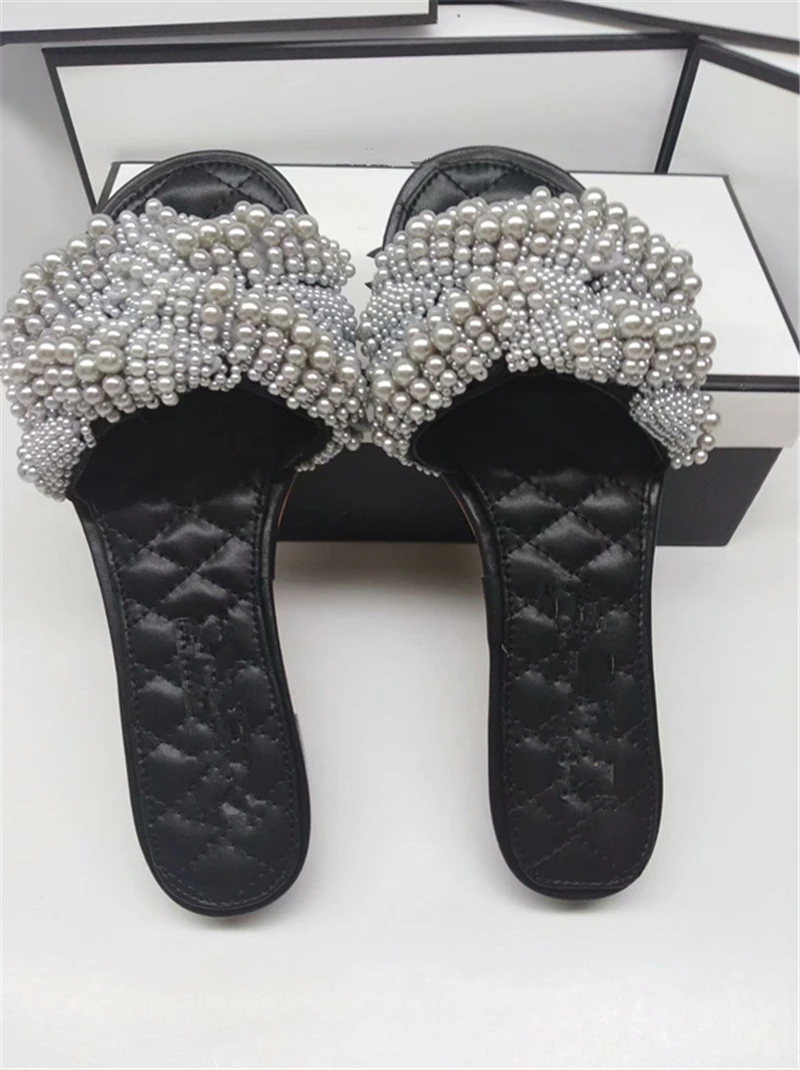 Hanbaidi 2018 Pearl Bead Slipper Woman Peep Toe Handwork Flat Gladiator Sandals Women Fashion Casual Shoes Summer | Обувь