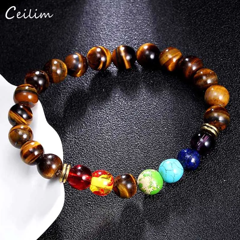 Natural Stone 7 Chakra Bracelets Bangles Adjustable Buddha Prayer Tiger Eye Bead Bracelet Men Women Healing Balance Yoga Jewelry | Украшения