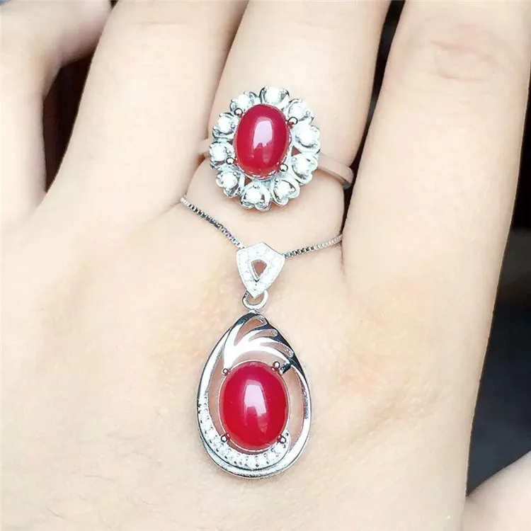 

KJJEAXCMY boutique jewels 925 Pure silver inlay natural red jade medulla ring + pendant set inlay diamond shaped 18k gold goddes