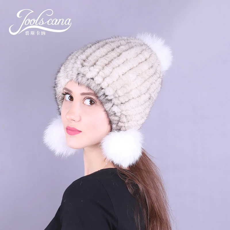 Зимние шапки JOOLSCANA для женщин, меховая шапка с помпоном, женская шапка, русская Меховая кепка, зимняя шапка из натурального меха норки, вязаные шапки с лисьим помпоном - Цвет: colour10