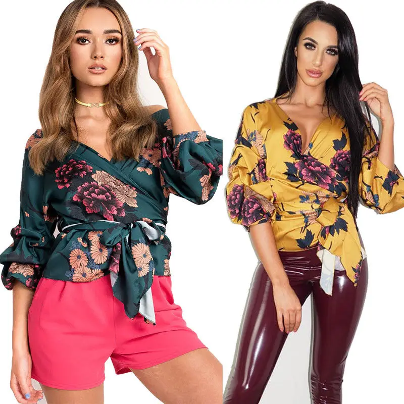 Женские пикантные топы с открытыми плечами и цветочным принтом блузки V-образным