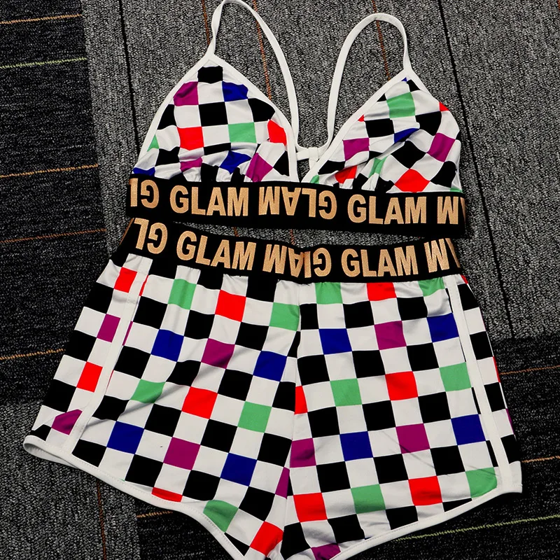 Женский клетчатый Топ шорты с надписью пляжный костюм из 2 предметов| |