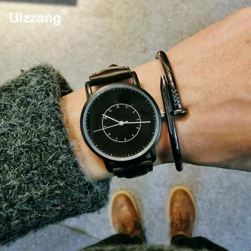 Простые винтажные черные коричневые кожаные кварцевые наручные часы в