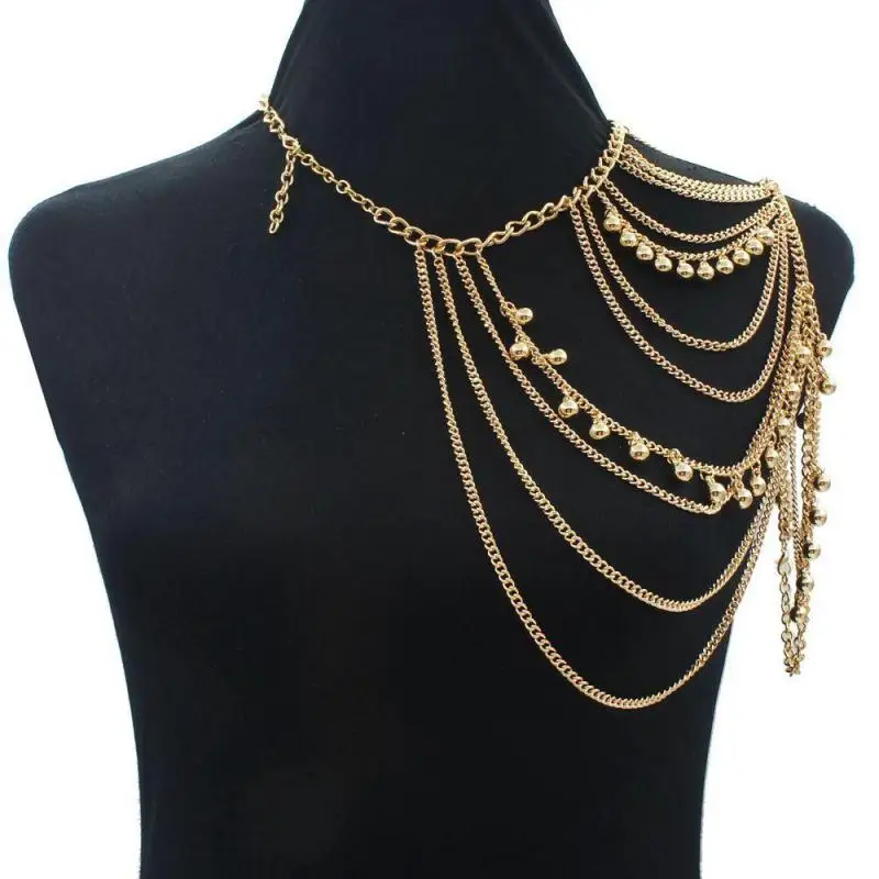

New Women Tassels Link Balls Single Shoulder Chain Necklace Gold Chains Jewelry Small Bells Body Jewelry Crossover