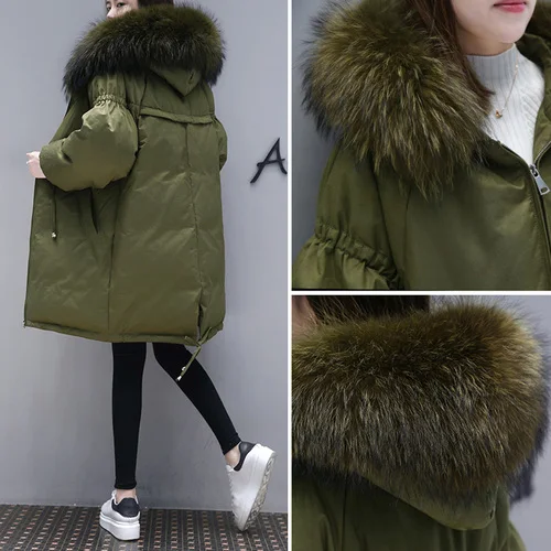 army green Новинка, женский зимний пуховик, свободный, Повседневный, однотонный, пальто с меховым капюшоном, корейский стиль, верхняя одежда, теплая, утолщенная, AC242 - Цвет: army green