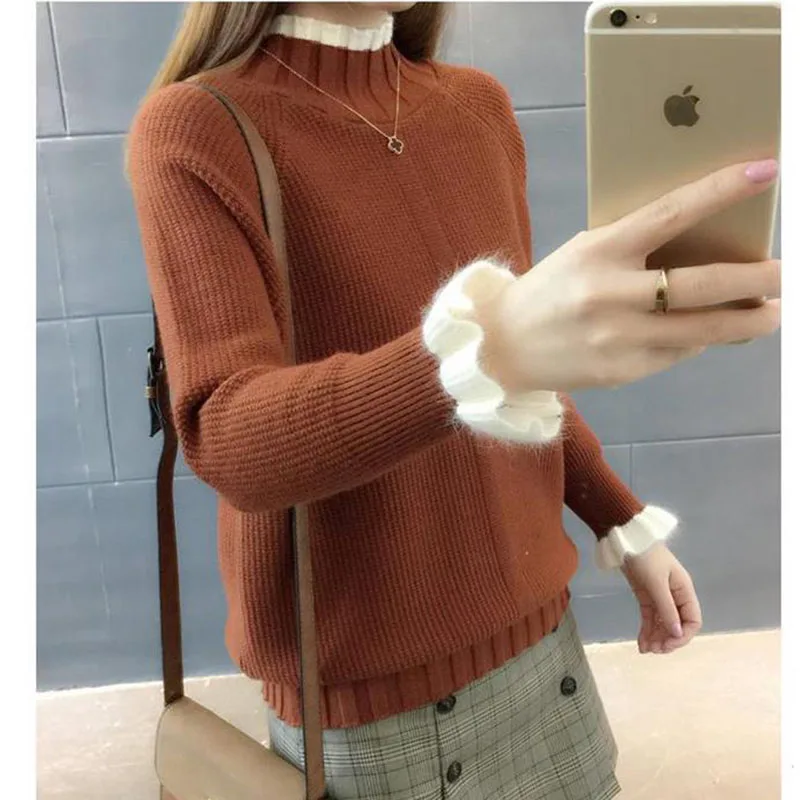 Вязаный Топ с длинным рукавом свитер женский зимний пуловер высоким воротом