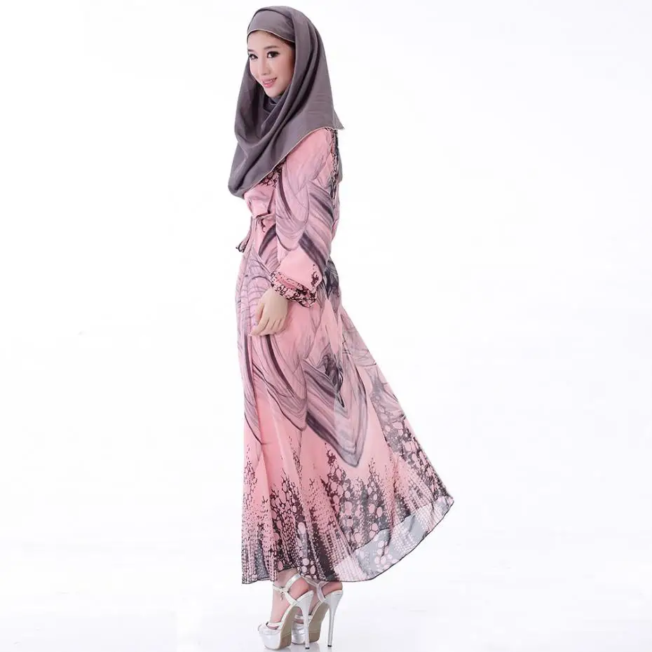 Печатные Макси Dress Шифон Плюс Размер Женщины Мусульманская Одежда Мода