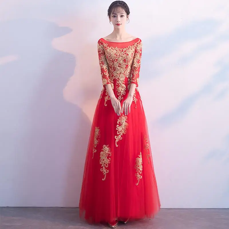 Улучшенный рукав для женщин короткий Cheongsam китайское традиционное кружево вышивка платья Новинка Мандарин Воротник Qipao Vestidos - Цвет: Red 8