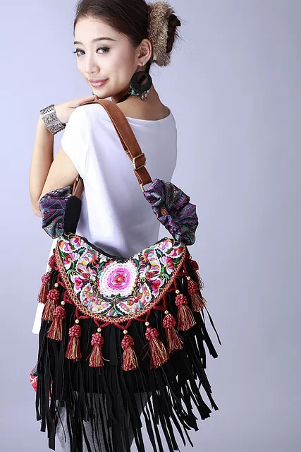 Classic black handmade tassel women bags Ethnic embroidery canvas messenger shoulder bags 2