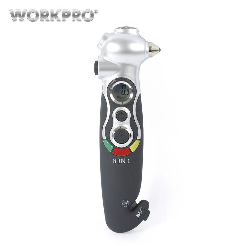 WORKPRO 8 в 1 цифровой датчик давления в шинах Стекло Выключатель спасательный аварийный молоток безопасности фонарик ремень безопасности резак