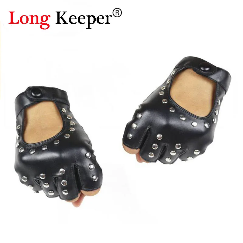 Перчатки Long Keeper из искусственной кожи с заклепками ремешком без пальцев|pu leather