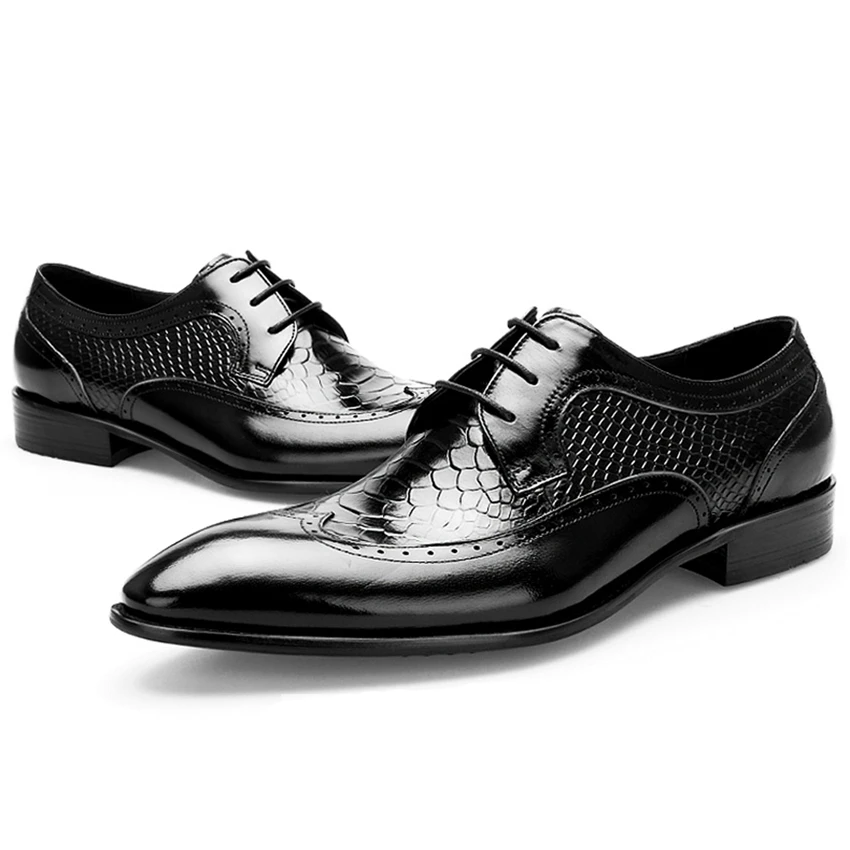 

Vintage Design Genuine Leather Formal Dress Wingtip Brogue Shoes Pointed Toe Derby Men's Alligator Pattern Oxford Footwear SK144