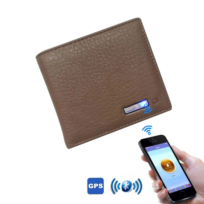 Коричневый Мужской кошелек из натуральной кожи с Bluetooth, короткие, из воловьей кожи, с защитой от кражи, USB, IOS, Android, модные, деловые, кожаные кошельки - Цвет: Коричневый