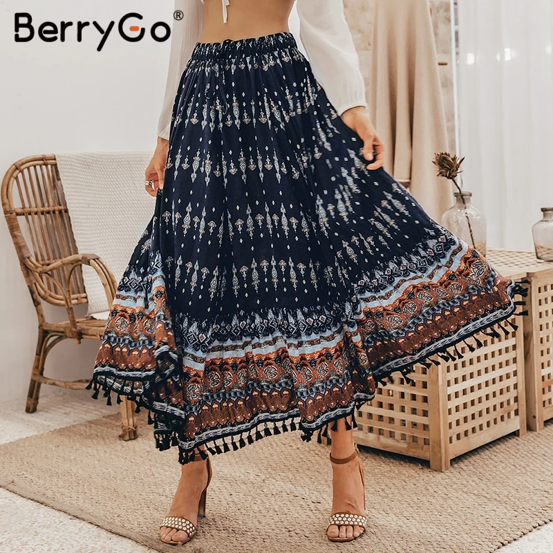 BerryGo женские юбки Boho длинная юбка с цветочным принтом летние кисточками 2019
