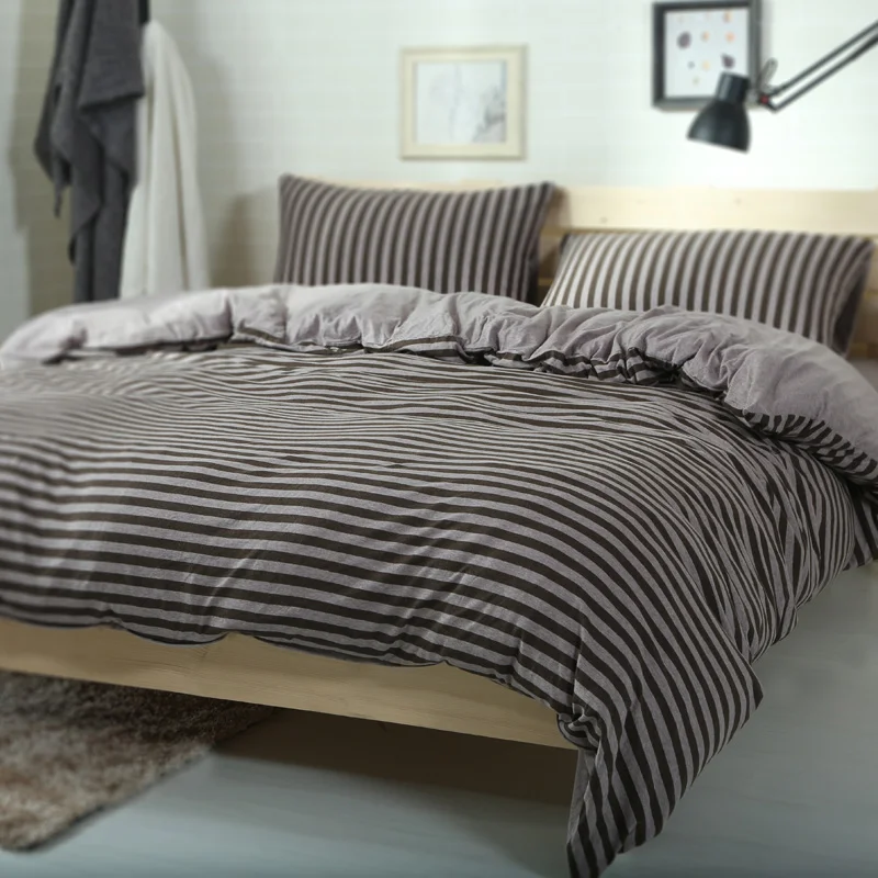 4pcs 100% Cotton Jersey Knitted fabric coffee color stripe bed set double 150 180cm solid fitted sheet | Дом и сад