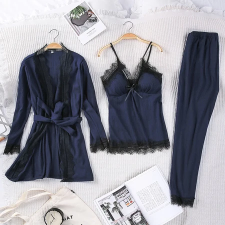 dark blue Queenral 3 шт. Пижама Femme с длинным рукавом Пижама для женщин комплект пижамы Хлопок Домашняя одежда пижамы наборы для ухода за кожей пикантны пижама единорог пижама женская халат кигуруми единорог ночнушка халат жен - Цвет: dark blue