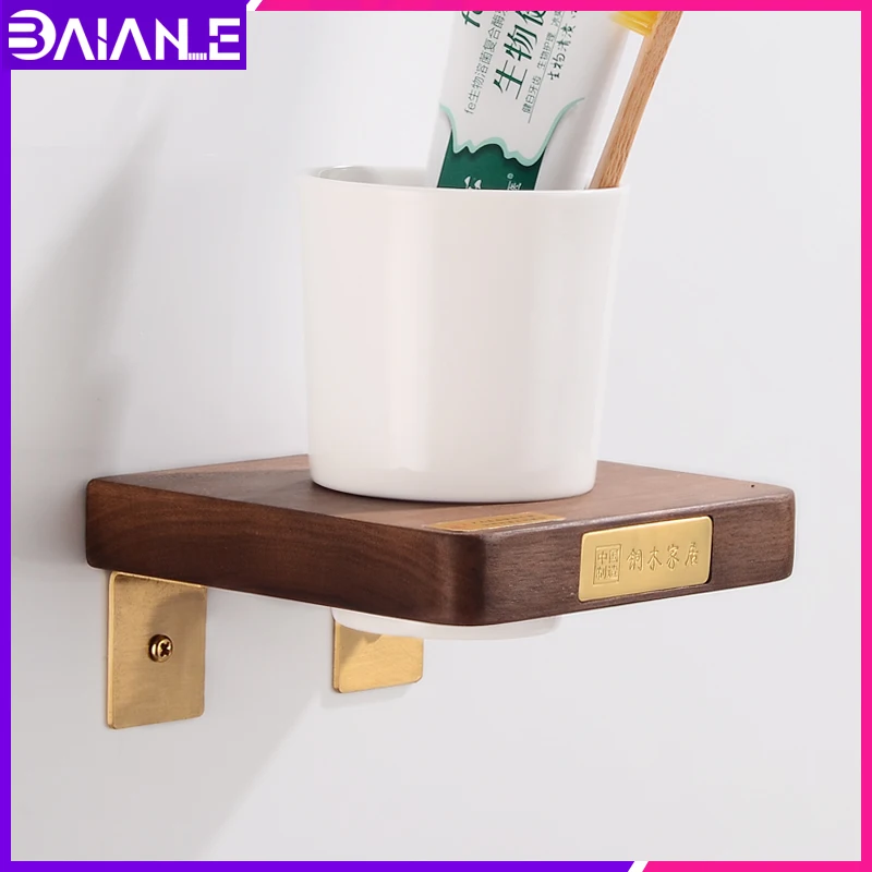 

Toothbrush Holder Wall Mounted Glass Cup Tumbler Holder Brass Wood Bathroom Accessories Tooth Brush Holder Set Nordic Style