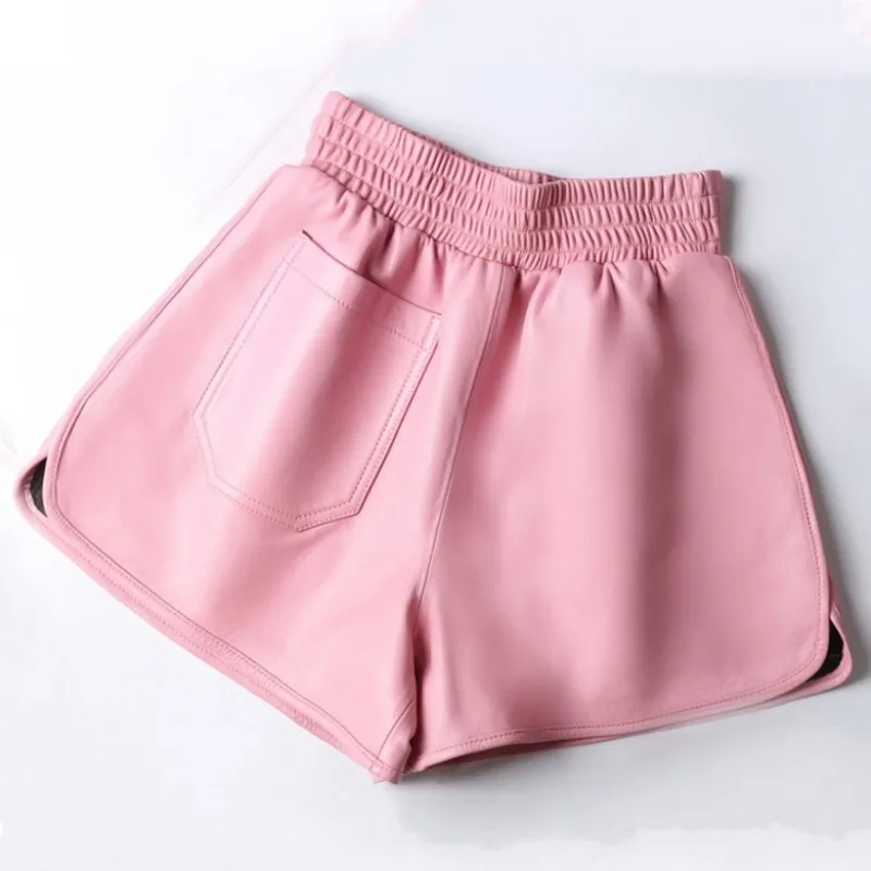 Sheepskin Shorts Women Loose Large Leather Woman Short Pants High Waist Wide Leg Elastic Waist Wear Black Leather Lady Shorts