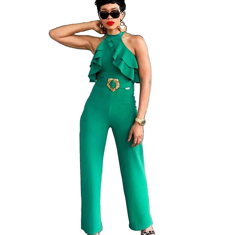 

2019 Sexy Backless Halter Elegant Jumpsuit Women Off Shoulder Ruffles Loose Romper High Waisted Night Club Party Overalls Femme