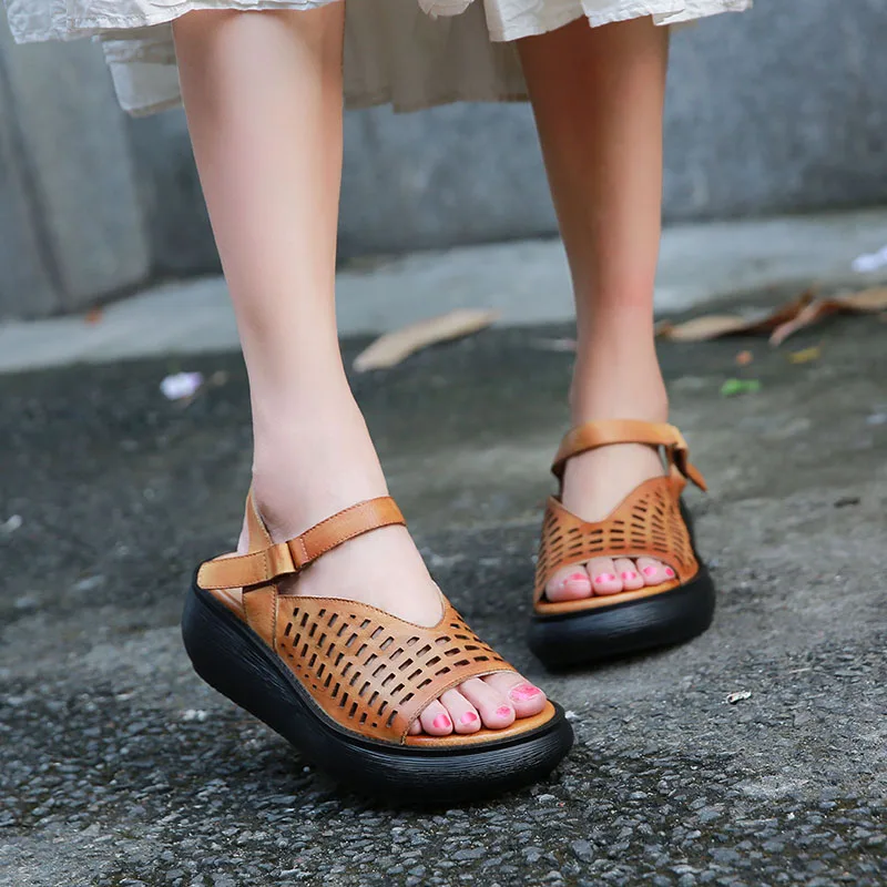 

2019 Women's Sandals Genuine Leather Open Toes Cut Out Ankle Strapy Handmade Vintage Summer Ladies Shoes Platform Sandals