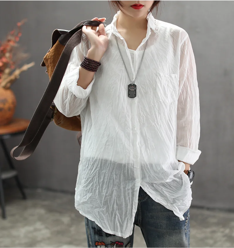 Spring Blouse Retro Loose Casual Women Shirt Tops Turn-down Collar Cardigan Button Solid color 2019 New Ladies |