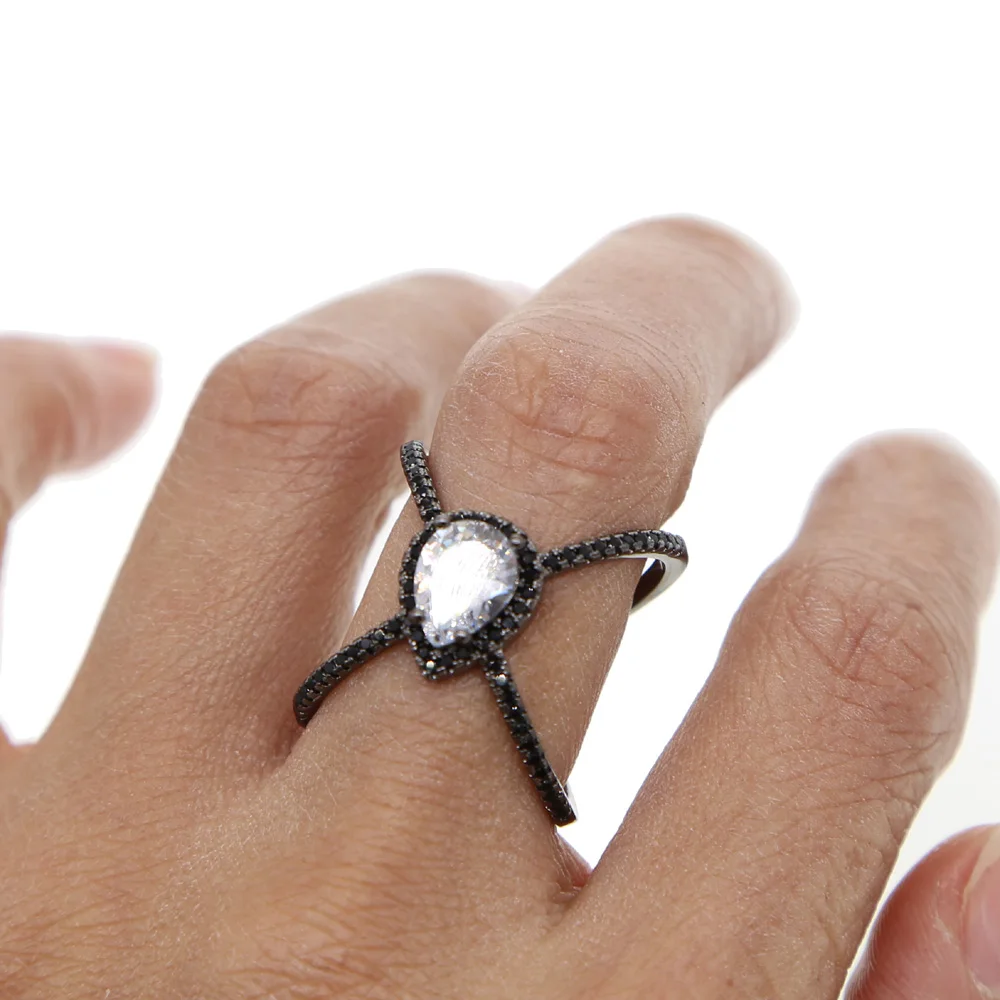 long criss cross stunning women full finger ring jewelry black gold filled Cross X tear drop cz | Украшения и аксессуары