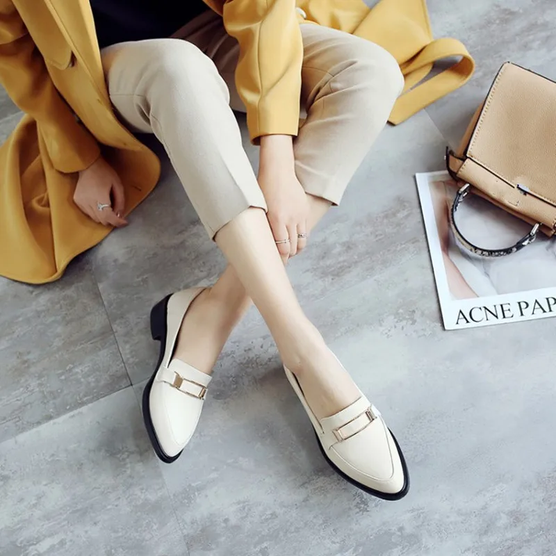 Plus Size 34-43 Spring Autumn Women Casual Pointed Toe Oxford Shoes for Woman Flats Comfortable Slip on Office Lady Single Shoes