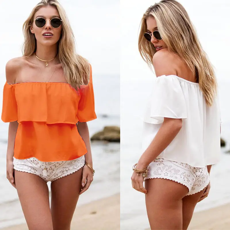 Женская блузка летняя с коротким рукавом открытыми плечами|ladies chiffon blouses|ruffle