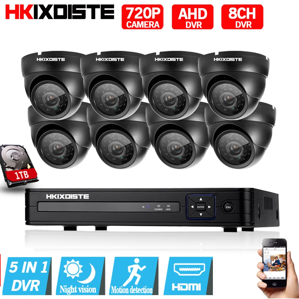 8CH CCTV Security System HD 1080N AHD DVR 8PCS 720P IR indoor Camera 8 Channel Video Surveillance Kit dome camera | Безопасность и