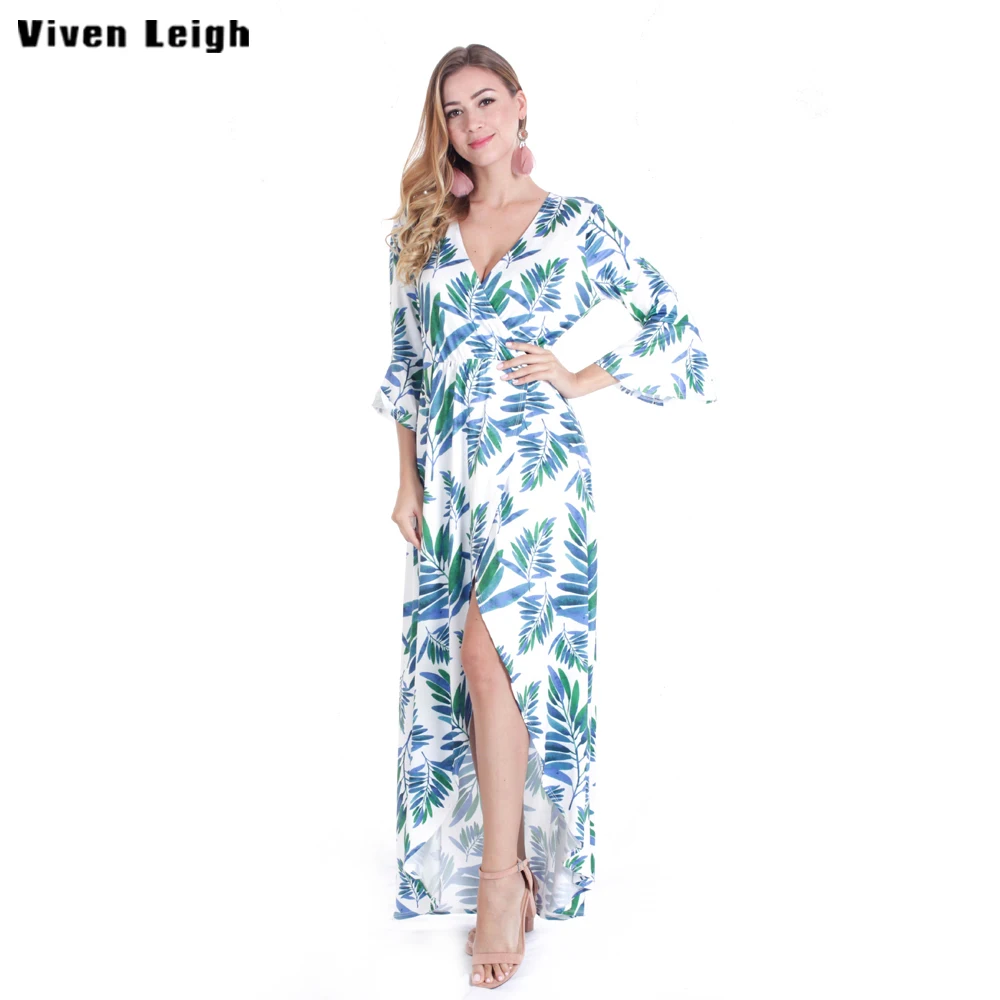 Viven Leigh длинное платье с принтом элегантные Boho vestidos расклешенными рукавами