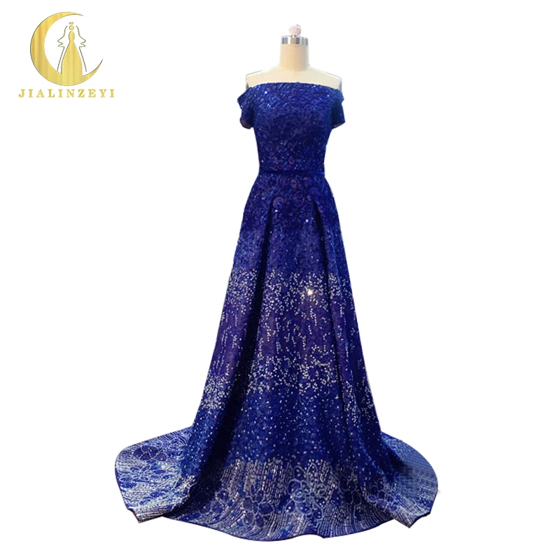 

JIALINZEYI Real Image Sample Sexy Boat Neck Royal Blue Luxurious Beads Crystal with Flowers A-line Party Dressevening dress