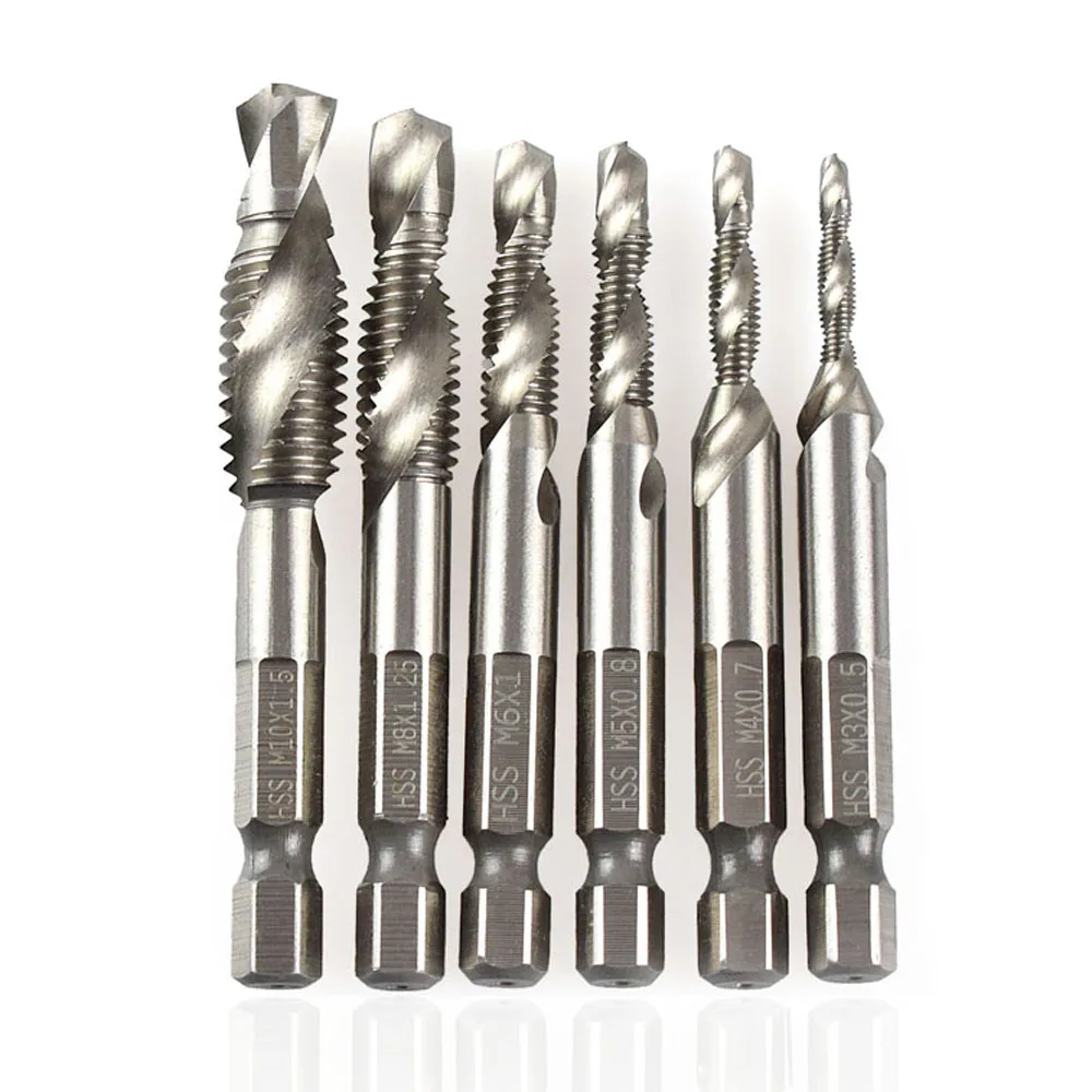 6-Piece Set of NEWACALOX 1/4'' Hex HSS High-Speed Steel Metric Composite Tap Drill Bits for Thread Spiral Screw M3 M4 M5 M6 M8 M10 Tapping image 2