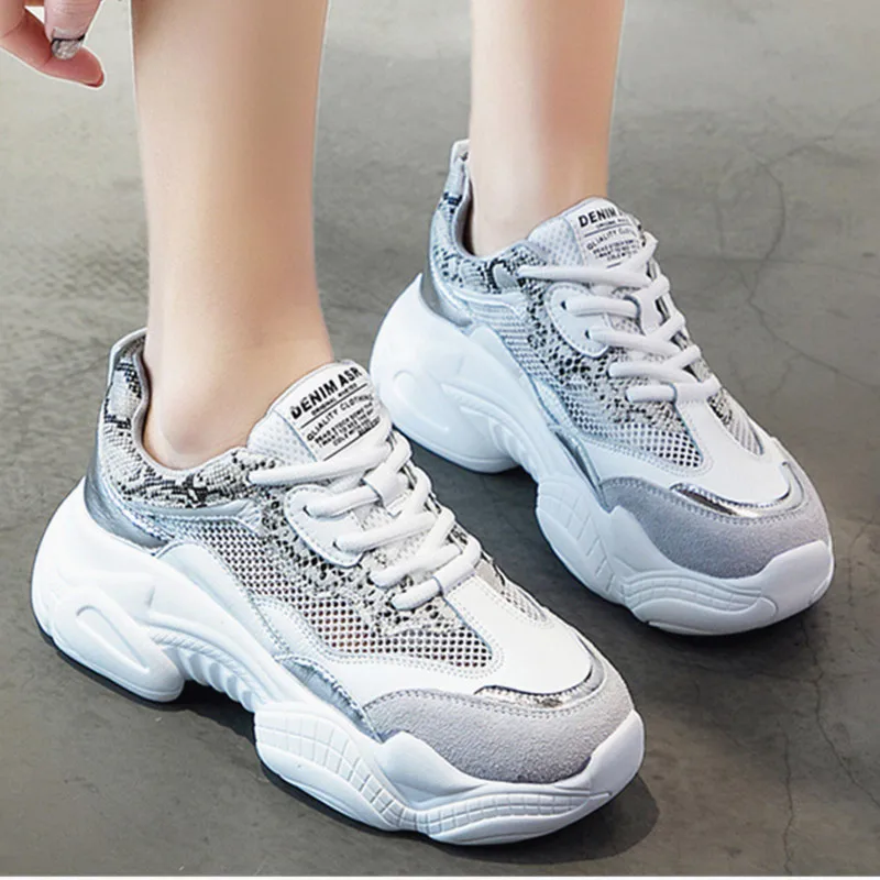 Women Sneakers Vulcanized Shoes Summer Lace-up Mesh Leather Laser Casual Pink Platform 201918w | Обувь