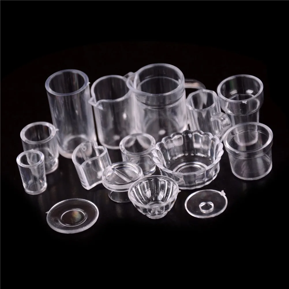 

15 шт./компл. миниатюрная прозрачная тарелка для кукольного домика, чашка, миска, столовая посуда, набор в масштабе 1:12, кукольная кухня