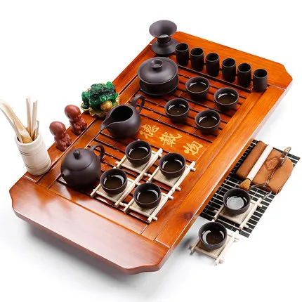 Chinese tea tray set GaiWan Teapot Teacup purple sand ceramic solid wood table home Gift preferred | Дом и сад