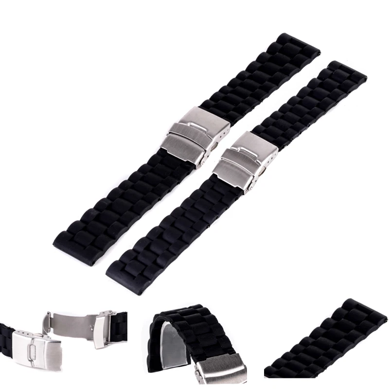 

Shellhard 20/22mm Silicone Rubber Sport Wrist Watch Strap Band Stainless Steel Deployment Buckle Black Watchband For Men Women