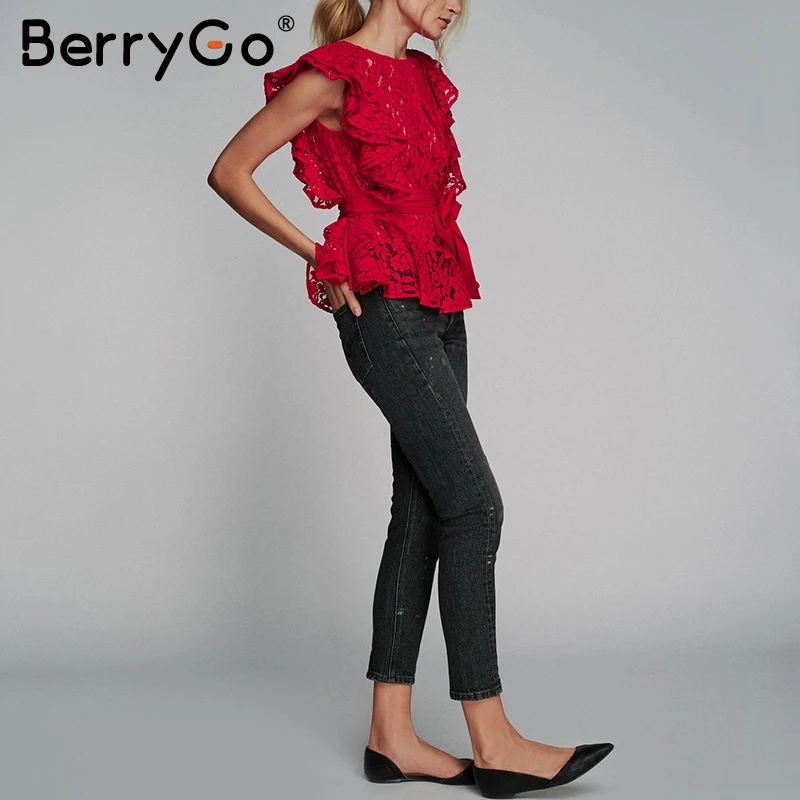 BerryGo элегантная летняя кружевная блузка с рюшами рубашка сексуальная без рукавов