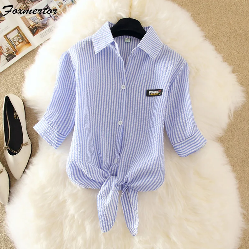 Женская блузка рубашка лето 2021 короткий рукав в полоску с бантом Blusas свободного